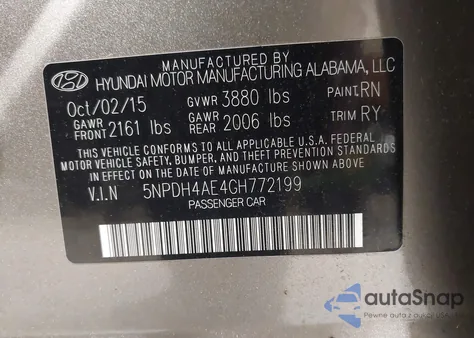 2016 Hyundai Elantra Value Edition z USA, uszkodzony, nr VIN 5NPDH4AE4GH772199